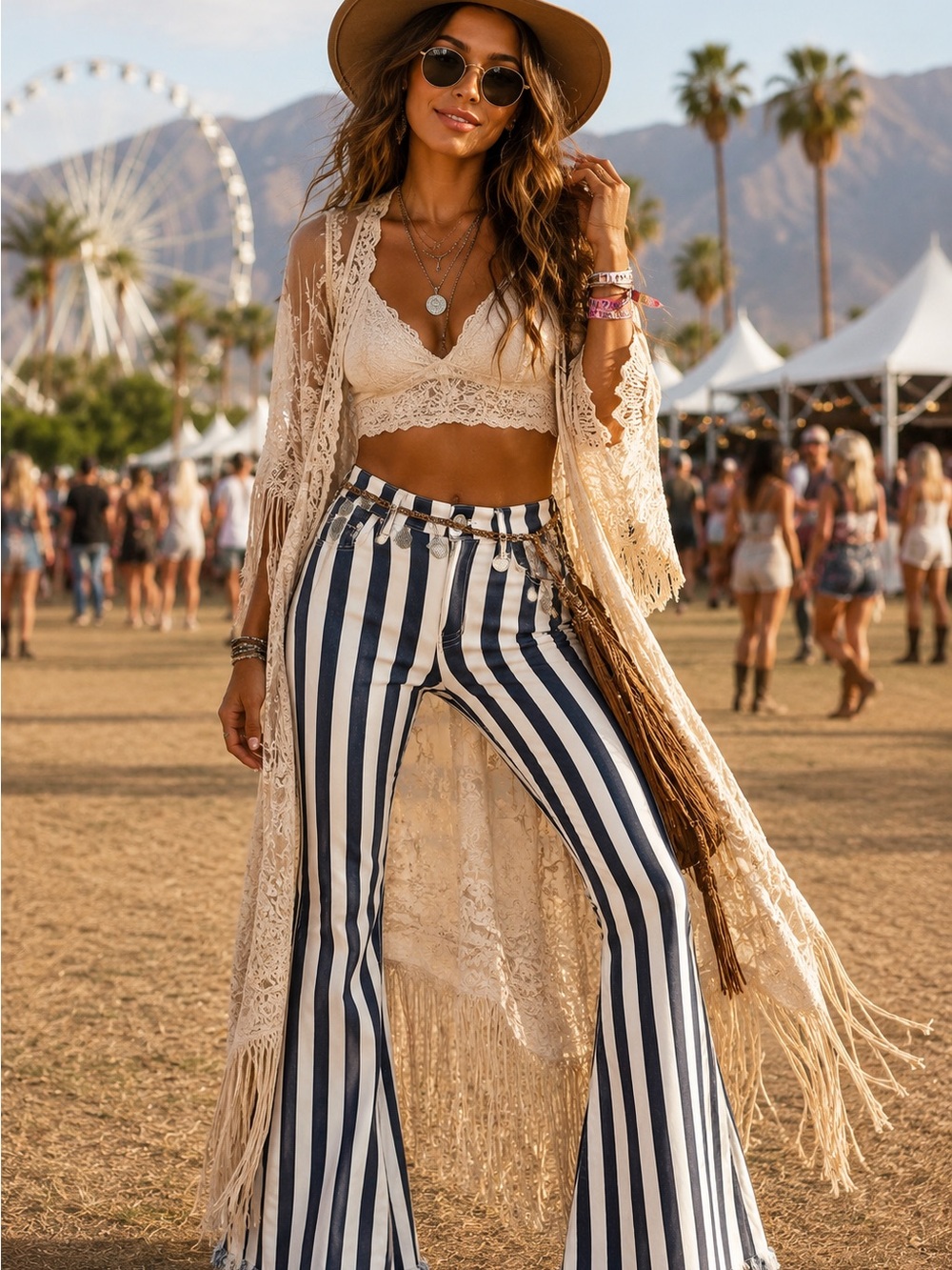 Navy & White Vertical Stripe High-Waist Flare Pants
